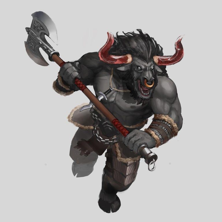 Minotaure ayant deux cornes pointant vers le haut, brandissant sa hache double