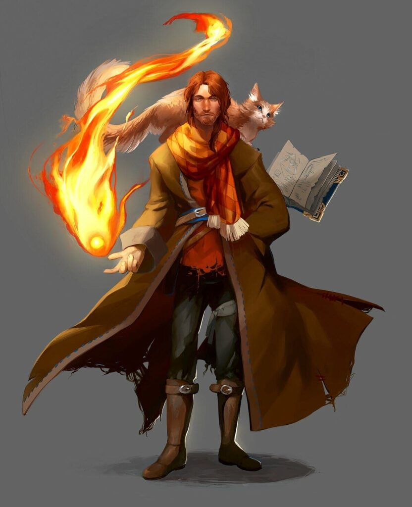 Elf aux cheveux long châtain et d'une tenue en tissus incantant un sort de feu