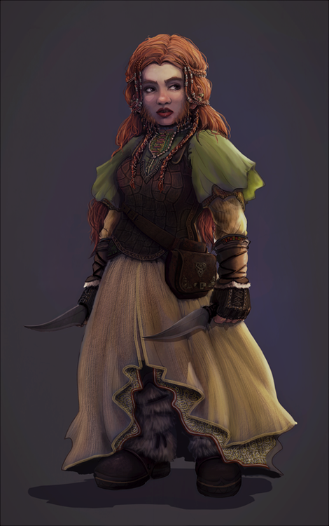 Naine Rousse aux cheveux tressés, équipée de double dagues et d'une tenue en cuir